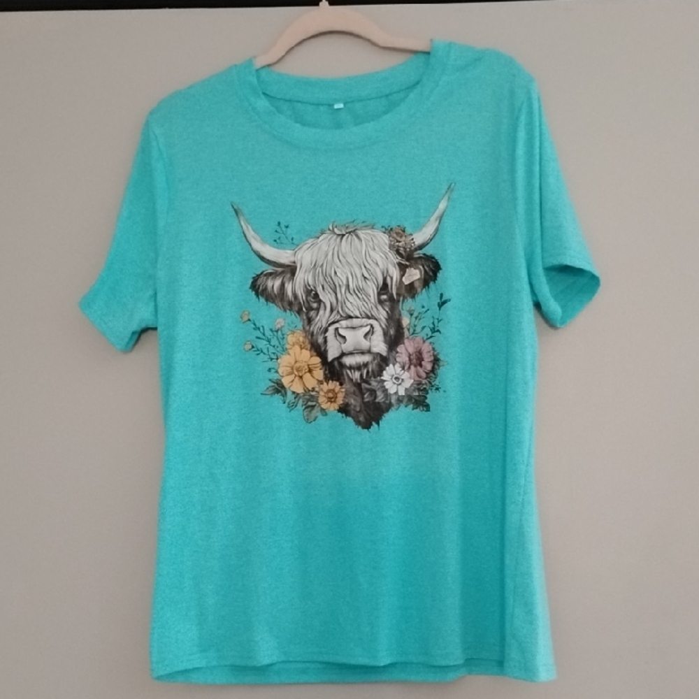 Teal T-Shirt with Cow Print